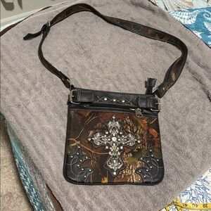 Women’s Brown Camouflage Crossbody Bag with Decorative Embellishment
